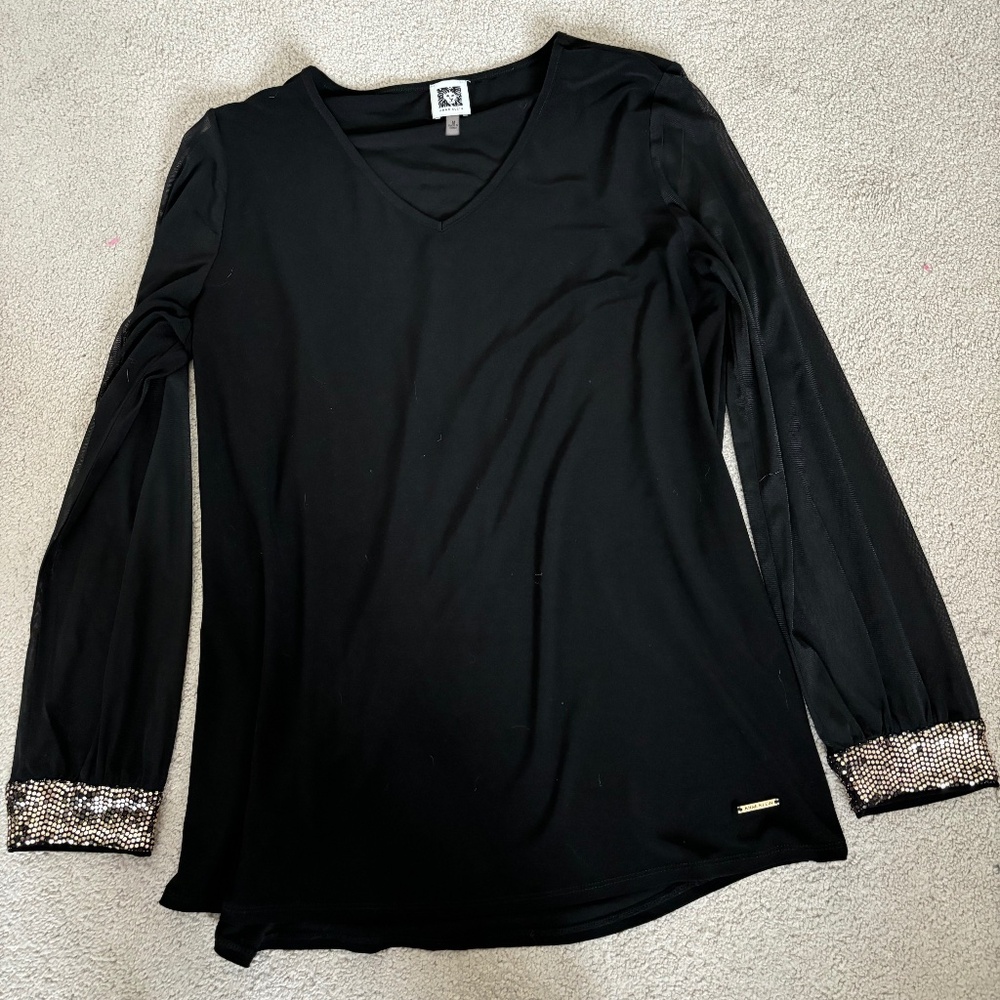 Anne Klein Blouse Sheer Sleeves Black with Gold Metallic cuffs, size Large